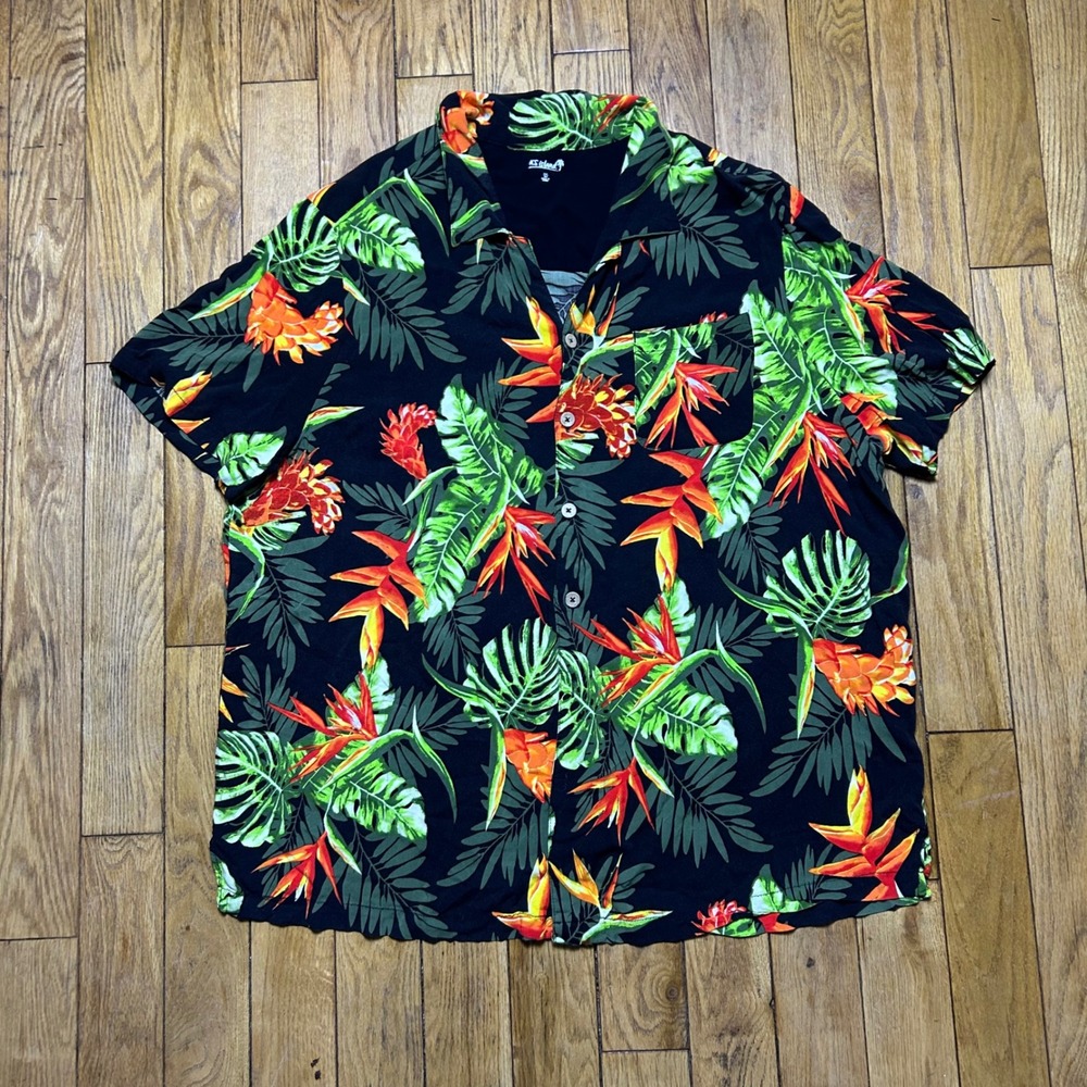 KS Island Mens 3XL Big Tropical Floral Rayon Button Down Shirt Black Hawaiian‎